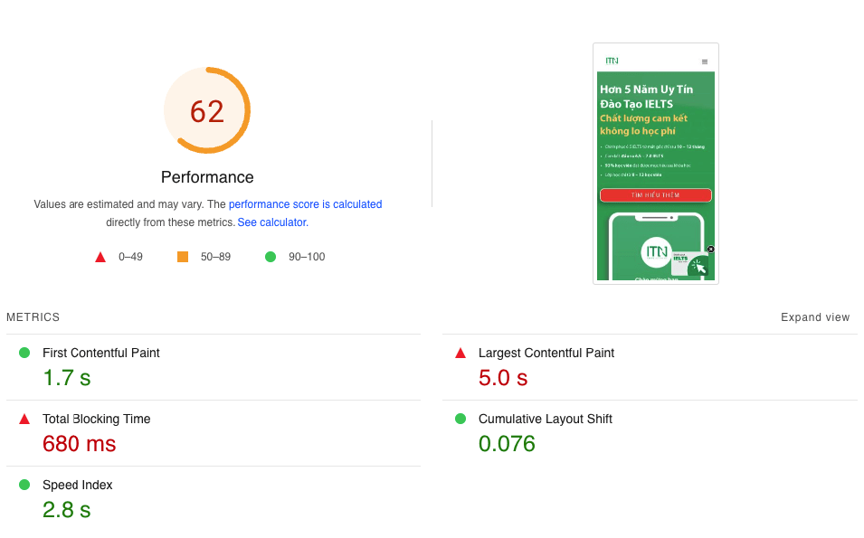 Kết quả kiểm tra PageSpeed Insight tại thời điểm đó