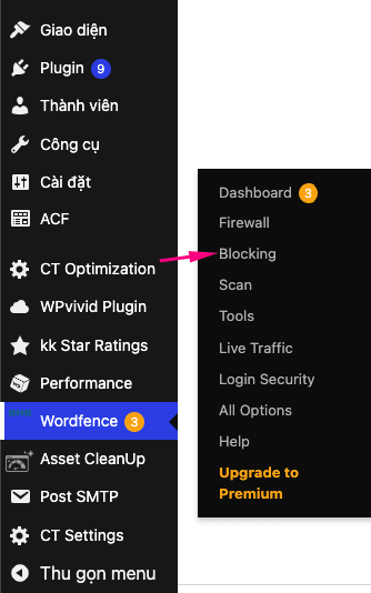 Truy cập menu Blocking của Wordfence