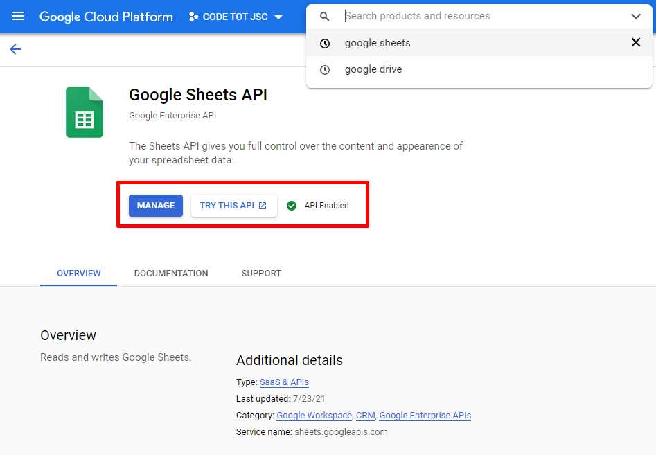 Bật Google Sheets API trong Google Cloud