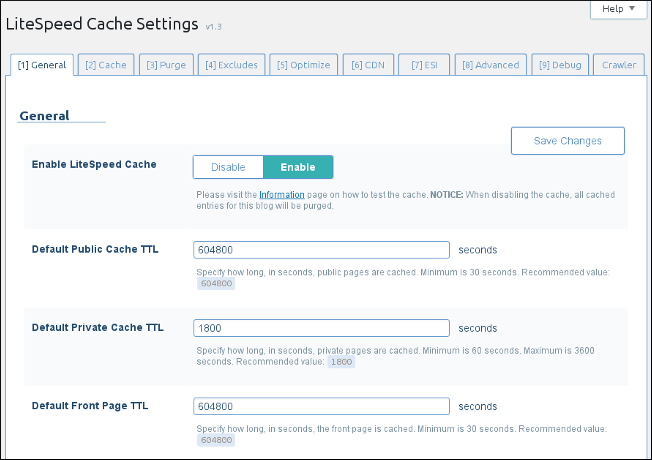 Giao diện cấu hình LiteSpeed WordPress Caching Plugin