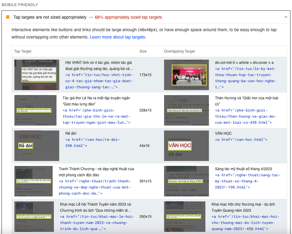Kết quả của mục Tap Targets khi kiểm tra web thân thiện trên di động