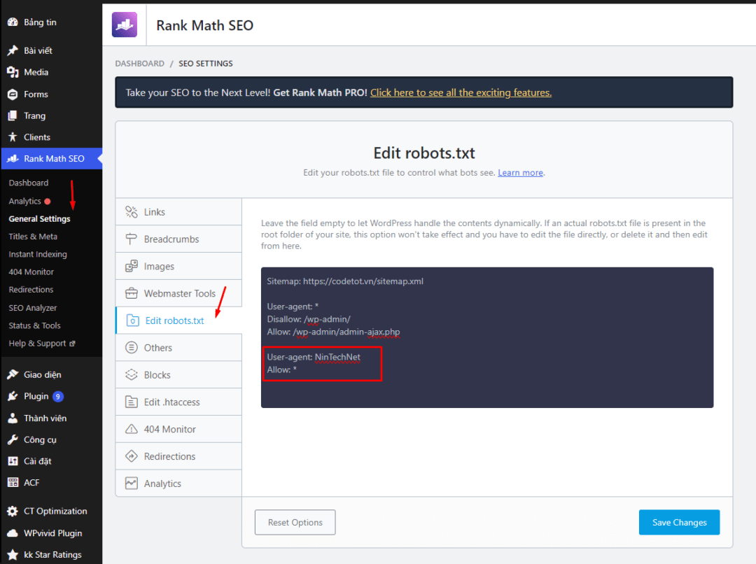 Cách sửa file robots.txt trong plugin SEO Rank Math