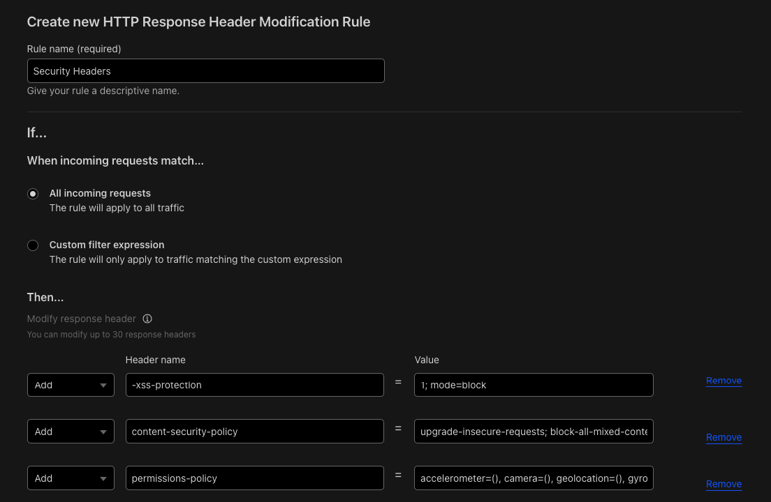 Tạo 1 security header rules cho all incoming requests