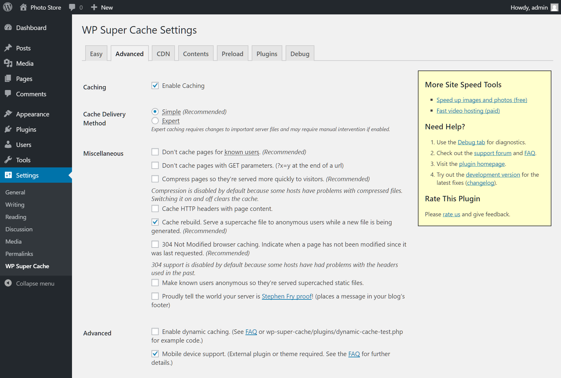 WP Super Cache plugin